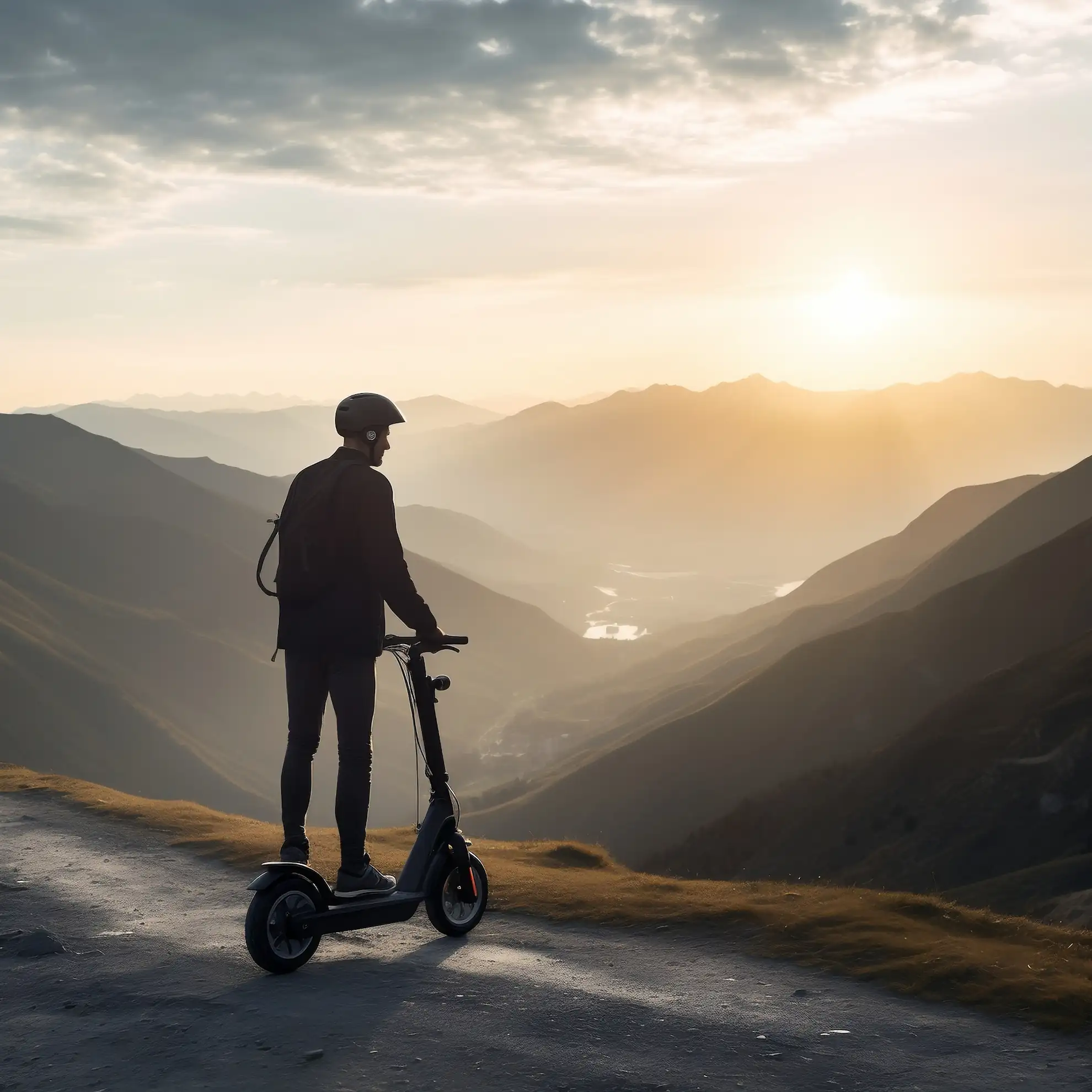 Homme en montagne avec sa trottinette électrique tout-terrain
